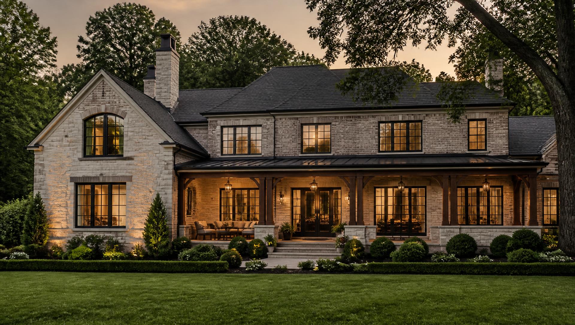Luxury brick and limestone home at dusk in Hendricks County, Indiana with lit covered porch